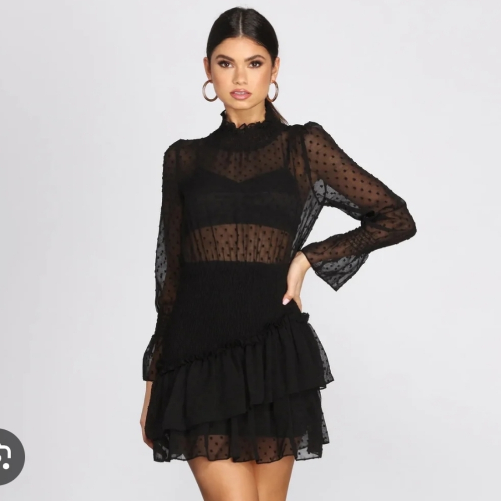 Thats So Fetch Polka Dot Mock Neck Elegant Black Sheer Dress US 4